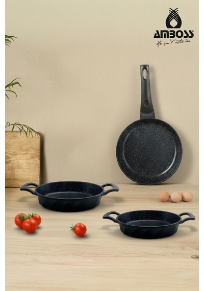 Amboss Mixta 3 Parça Döküm 18 Cm Tava 18-20 Cm Sahan Seti siyah