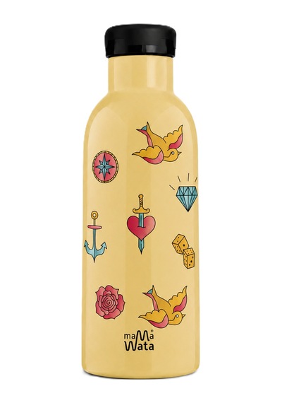 Mamawata Tattoo Pipetli Çocuk Termos Matara 470 Ml Paslanmaz Çelik Sızdırmaz Yalıtımlı Suluk Krem