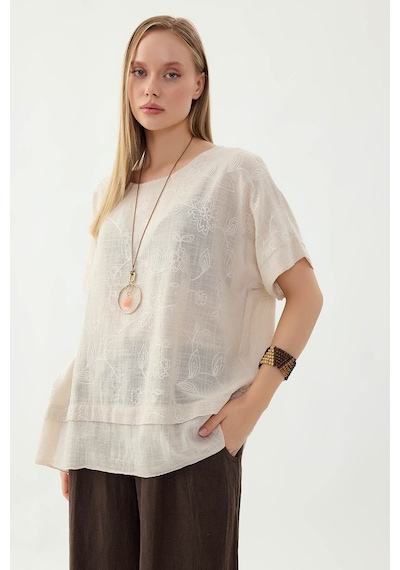 Vitrin %100 Keten Çiçekli Oversize Bluz Bej
