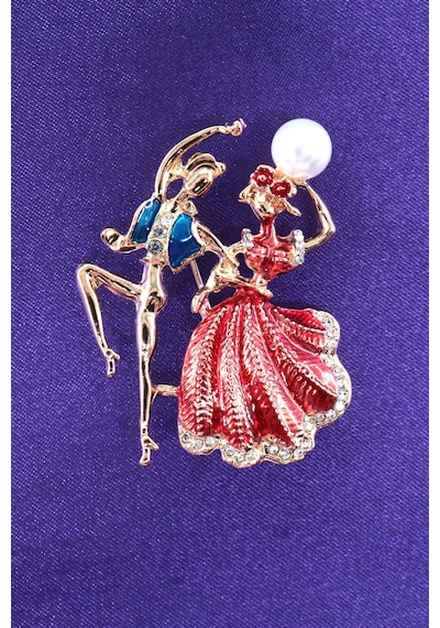 Aşkın Dansı Temalı Gold Renkli Kristal Taşlı Broş Romantik Dans Eden Çift Kadın Yaka İğnesi. Çok renkli
