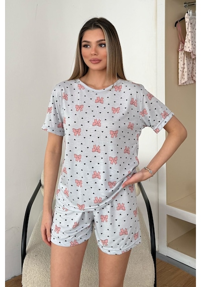 Giysa Kadın Bisiklet Yaka Fiyonk Desenli Şortlu Pijama Takımı Gri - 26y 2054