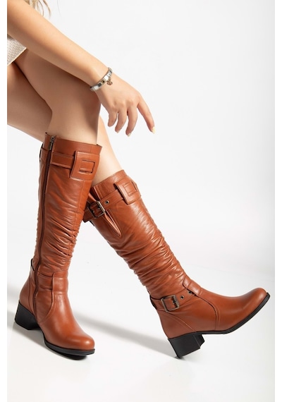 Analin Shoes Kadın Hakiki Deri Körüklü Ayarlanabilir Tokalı Çizme Kiremit