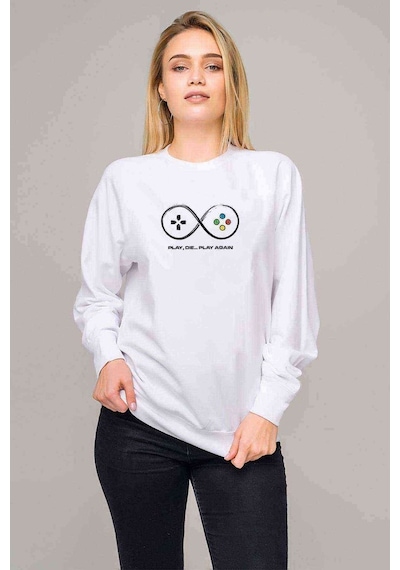 Pampling I Play I Die Baskılı Beyaz Kadın Sweatshirt