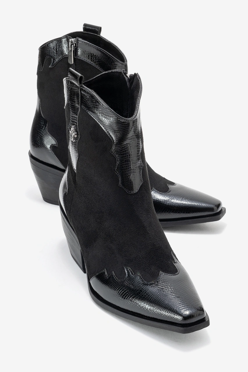 Luvishoes Luvi Shoes Loel Siyah Süet Siyah Desenli Kadın Kalın Topuklu Western Bot Siyah - Süet