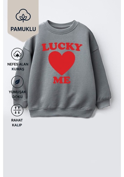 Monila Unisex Çocuk Kalp Baskılı 3 İplik Kumaş Pamuklu Sweatshirt Antrasit