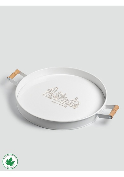 Lin Metal 37cm Yuvarlak Tepsi Ahşap Kulplu Kaktüs Baskılı - Beyaz