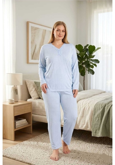 Eyfuze Kadın Büyük Beden Desenli Yakası Düğmeli Uzun Kollu Bambu Pijama Takımı Buz Mavisi Eyfuze Kadın Büyük Beden Desenli Yakası Düğmeli Uzun Kollu Bambu Pijama Takımı Buz Mavisi