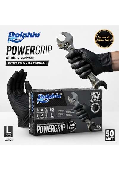 Dolphin Nitril Powergrip Ekstra Kalın Elmas Dokulu İş Eldiveni L 50'li Paket