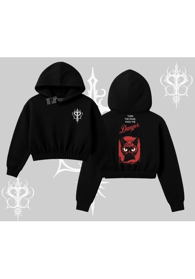 Startmore Gotik Kedi Arka Baskılı Kapşonlu Crop Sweatshirt Siyah