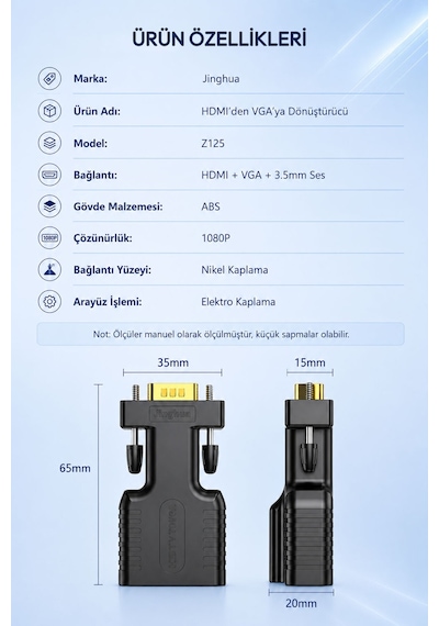Hdmı - Vga Dönüştürücü Adaptör Kablo, 1080p Full Hd Görüntü Ve 3.5mm Ses Destekli Çevirici, Laptop Pc Oyun Konsolu Monitör Tv Projektör Uyumlu, Tak Çalıştır Z125