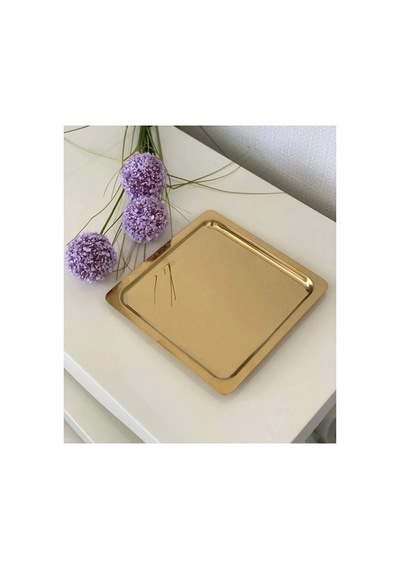 2 Li Gold Kare Paslanmaz Çelik Sunum Tepsisi 21x21 Cm Düz Çay Kahve Pasta Tatlı Servis Tepsisi Seti Altın