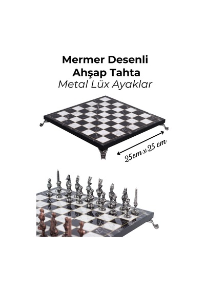 Mc57 Antik Mısır Figürlü Metal Satranç Takımı - Mermer Desenli 25cm Tahta El Yapımı Taşlar