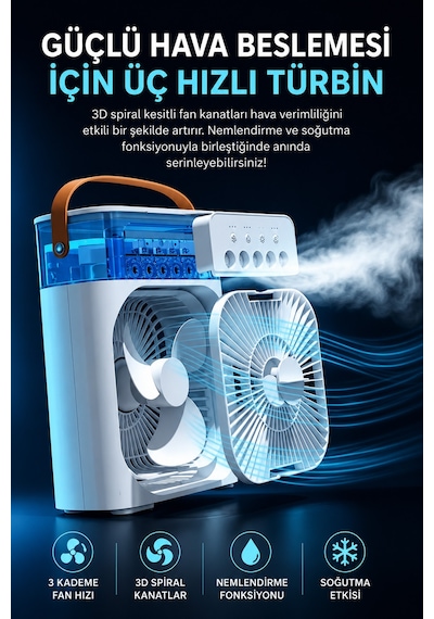 Exenar - Siyah - Buharlı Serinletici Masaüstü Mini Fan Nemlendirici Led Işıklı Hava Soğutucu Vantilatör 600ml 3kademe