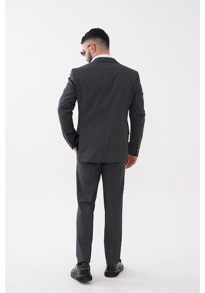 Dupont Classics Dupont Slim Fit Mono Yaka 6 Drop Çift Yırtmaç Çizgili 2'li Takım Elbise Gri