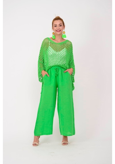 Park Moda 10375 Belden Bağlamalı Keten Pantolon Yeşil