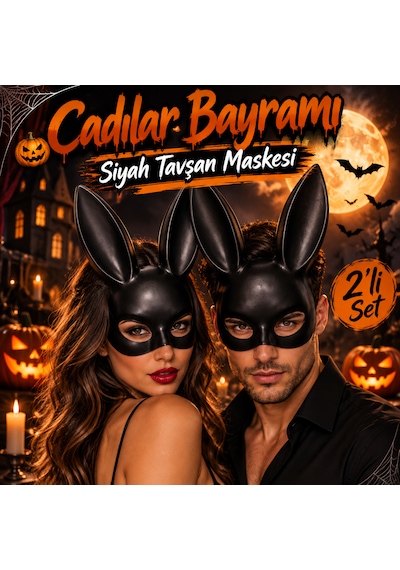 Cadılar Bayramı Çiftler İçin Siyah Tavşan Maskesi 2 Li Set Kadın Erkek Halloween Kostüm Ve Parti Maskesi 18+