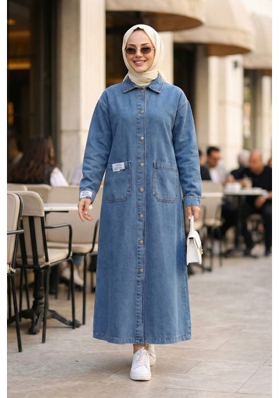 Harman Butik Kadın Düğmeli Uzun Kot Kap Kot Mavi Kot Mavi