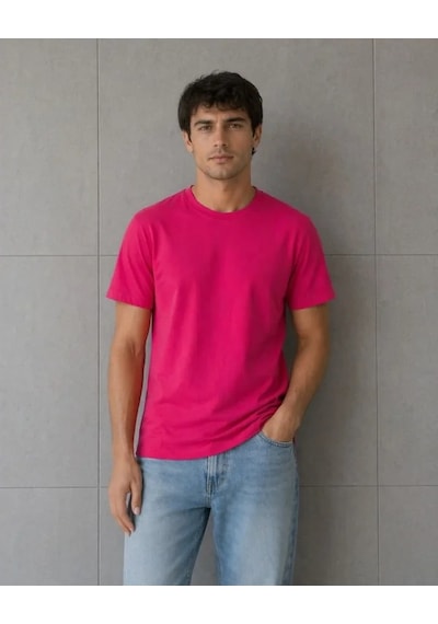 Defymoda Erkek Basic Pamuklu Tişört Bisiklet Yaka Düz Renk Regular Fit T-shirt - Fuşya