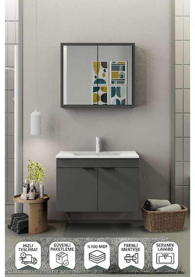 Biani Fix Loft 85 Cm Banyo Dolabı,Seramik Lavabolu, Aynalı,Lavabo Dahil,Mdf,Mat Gri Biani Fix Loft 85 Cm Banyo Dolabı,Seramik Lavabolu, Aynalı,Lavabo Dahil,Mdf,Mat Gri