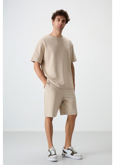 Tommy Life Bej Pamuklu Kalın Yumuşak Dokulu Oversize Fit Nakışlı Erkek Şort Takım - 85250