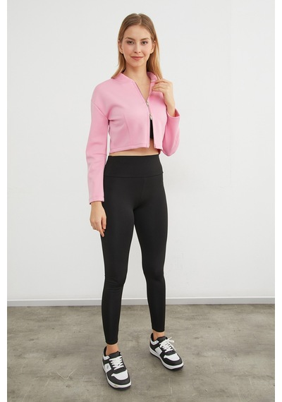 Fullamoda Fermuarlı Hakim Yaka Crop Spor Ceket Pembe