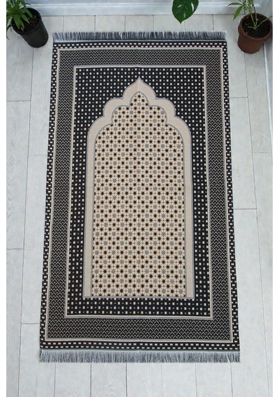 Mihraplı Yıldız Desenli Goblen Seccade - Siyah Siyah