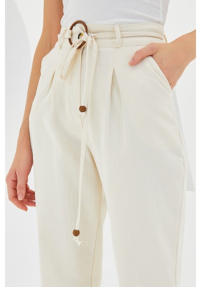 Bigdart 6660 Kemerli Keten Pantolon - Krem 6660bgd19-033-14904 001