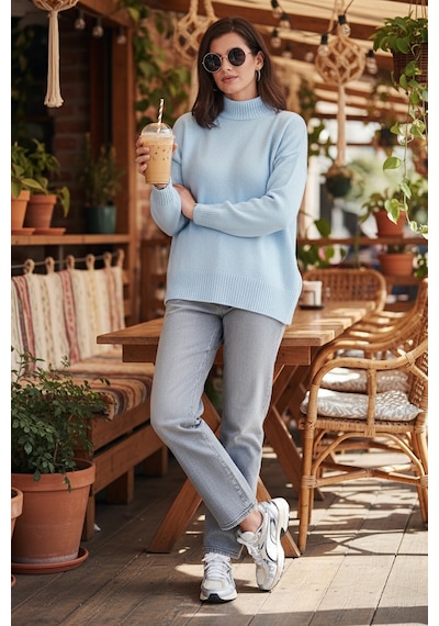 Lela Premium Oversize Fit Balıkçı Yaka Yumuşak Dokulu Triko Bayan Kazak 680Kz00469 Bebe Mavi