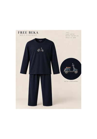 Free Beka Erkek Nakışlı Lacivert Uzun Kollu Penye Kumaş Mevsimlik Pijama Takımı Çok Renkli