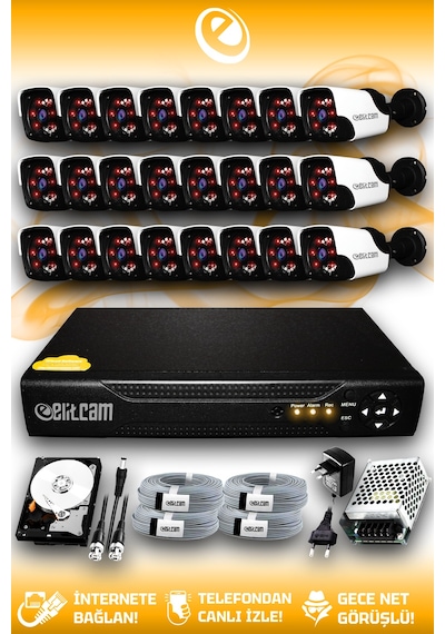 Elitcam 24 Kameralı Panda 24 Dış Kamera Set 1 TB HDD Full HD Gece Görüşlü Güvenlik Kamerası Sistemi
