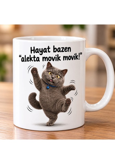 Çılgın Kedi Temalı Çift Taraf Baskılı Kupa Bardak Beyaz
