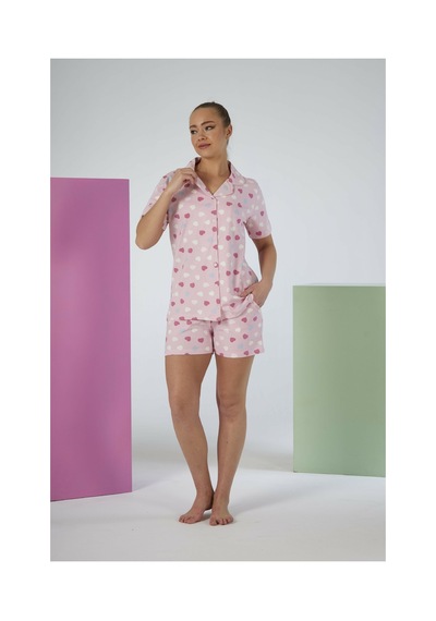 Estiva Kadın Yazlık Kalp Desenli Önden Düğmeli Şortlu Penye Lycra Pijama Takımı PEMBE
