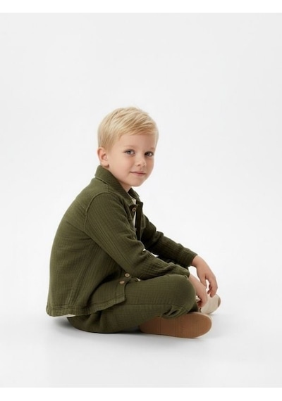 Zekids Erkek Çocuk Müslin Dokulu Rahat Kesim Pantolon-17144 Yeşil