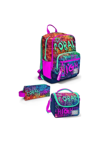 Coral High Pembe Lacivert Grafiti Yazılı 3 Lü Okul Çanta Seti Set0123629
