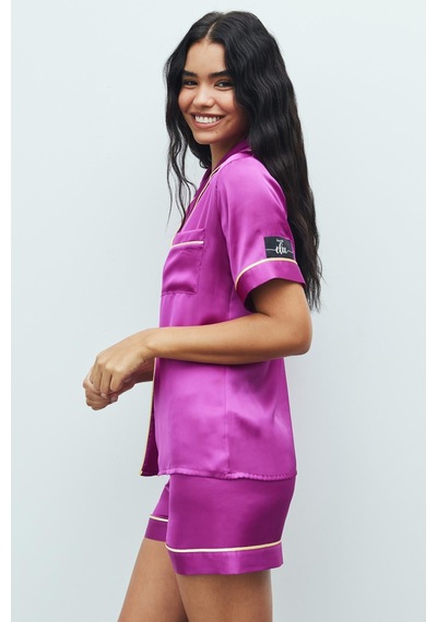 Amoureux Fuşya Kısa Saten Pijama Takımı