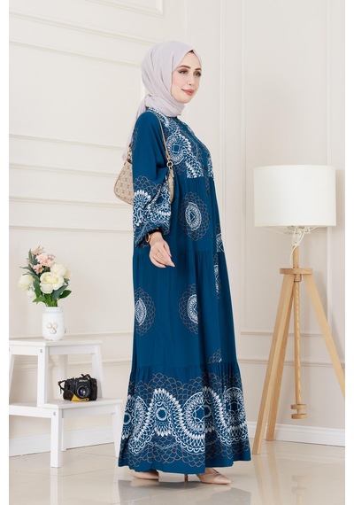 Sevitli Yarasa Kol Robalı Nare Elbise-indigo-5014 İndigo