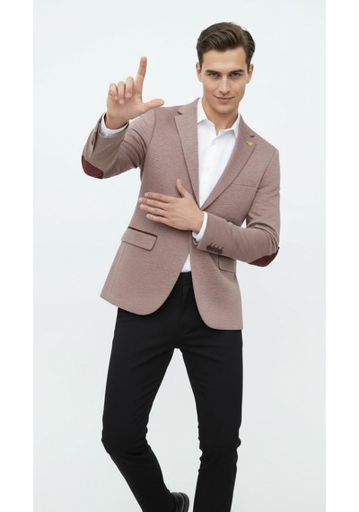 Plus Scorpion Açık Pembe Erkek İtalyan Kesim Blazer Ceket Kol Yamali, Slim Fit, Şık Ve Modern Tasarım Pembe
