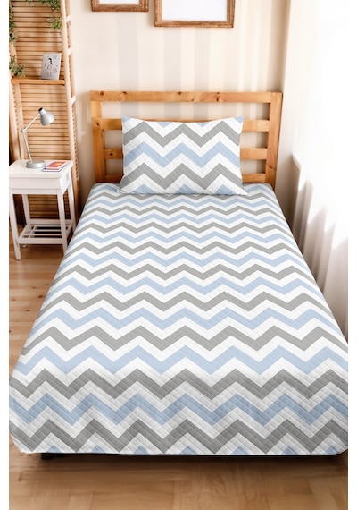 Mavi Zigzag Geometrik Genç Odası Tek Kişilik Pike Takımı-gri Modern 160x220 Cm Kapitone Yatak Örtüsü Doğal Kum Sırları