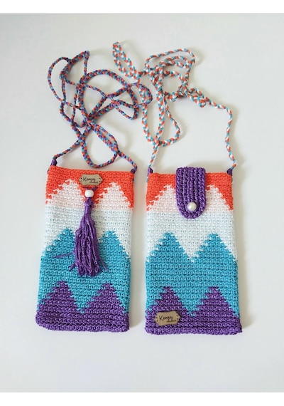 Kemzey Handmade Wayuu Telefon Çantası, El Yapımı Örgü Telefon Çantası Mor - Mavi