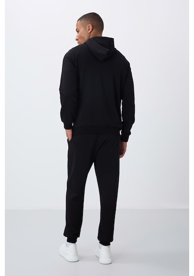 Tommy Life Siyah Kompakt Pamuklu Kalın Pürüzsüz Dokulu Kapüşonlu Comfort Fit Erkek Eşofman Takım - 85262 Siyah