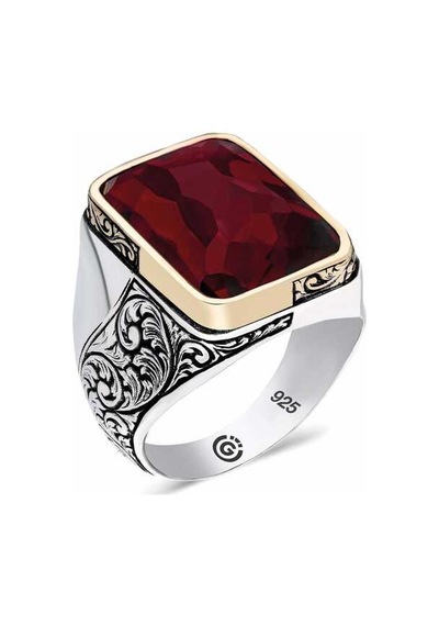 Gümüş Bordo Taşlı Köşeli Erkek Yüzük Sl3882 Gümüş