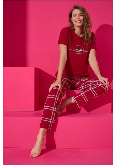 Eliz 7001-23 Kırmızı Kısa Kol Pamuk Kadın Pijama Takımı Çok Renkli
