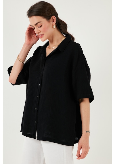 Lela Pamuklu Regular Fit Yırtmaçlı Kısa Kollu Bayan Gömlek Cf25S166965 Siyah