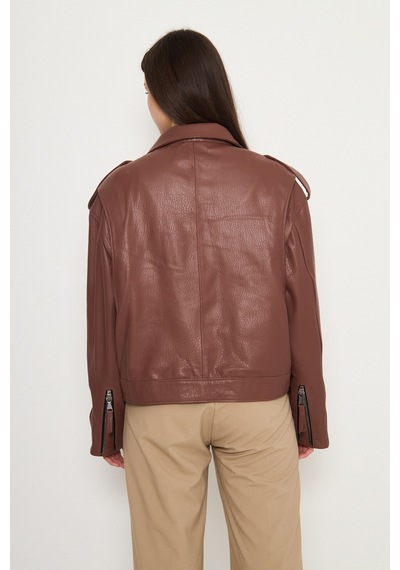 M M Marki Marki Kadın Hakiki Jumbo Deri Ceket Biker Tarz, Kemerli, Oversize, Apoletli, 65 Cm, Kahverengi - 116622x