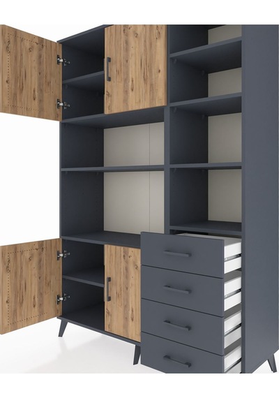 Hyperion Dolap 9 Raflı 4 Çekmeceli 4 Kapaklı 132x44x195 Antrasit-çam/antrasit Atlas Çam/antrasıt