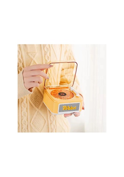 Nostalji Mini Plak Görünümlü Radyolu Bluetooth Hoparlör 3d Ses Dalgası Retro Müzik Plak Sarı
