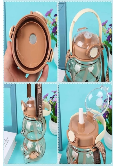 2'li Ayıcık Şeffaf Smile Su Matarası 1000+400ml Çocuk Su Şişesi Pipetli Sızdırmaz Kapaklı Suluk Set Çok Renkli