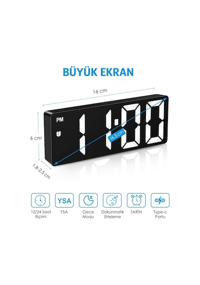 Acetech Ayna Yüzeyli Led Dijital Masa Saati - Sıcaklık Göstergeli, Ses / Dokunmatik Sensörlü, Usb Ve Çok Renkli