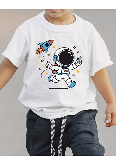 F17 Ajans Roket Uçurtmalı Astronot Baskılı %100 Pamuk Kısa Kollu Erkek Çocuk Tişörtü Beyaz