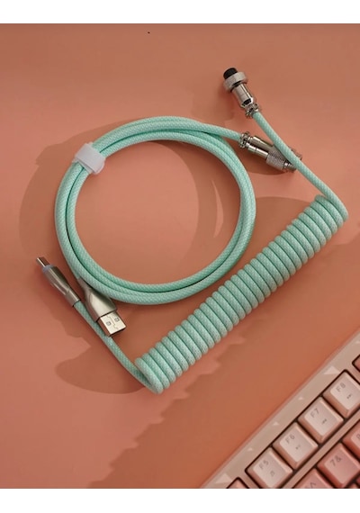 Mekanik Klavyeler İle Uyumlu Coiled Cable- Örgülü Sarmal Type-c Klavye Kablosu Green